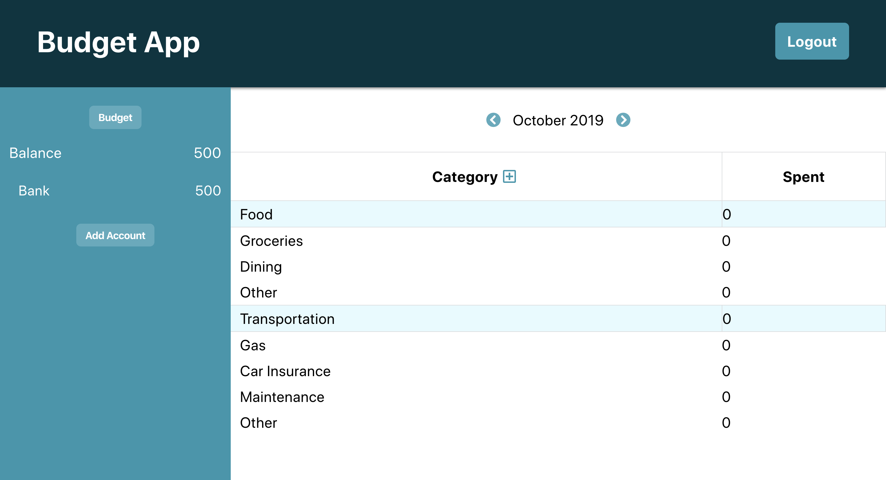 Screenshot of budget app